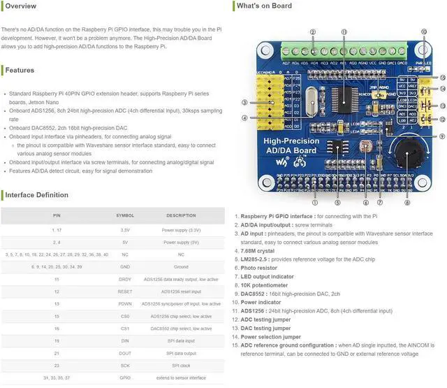 Alt view image 6 of 7 - AD/DA Expansion Allows You to Add High-Precision AD/DA Functions Compatible with 5/4B/3B/Zero/Zero W/Zero 2W/Pico/Pico W/Pico WH and Jetson Nano