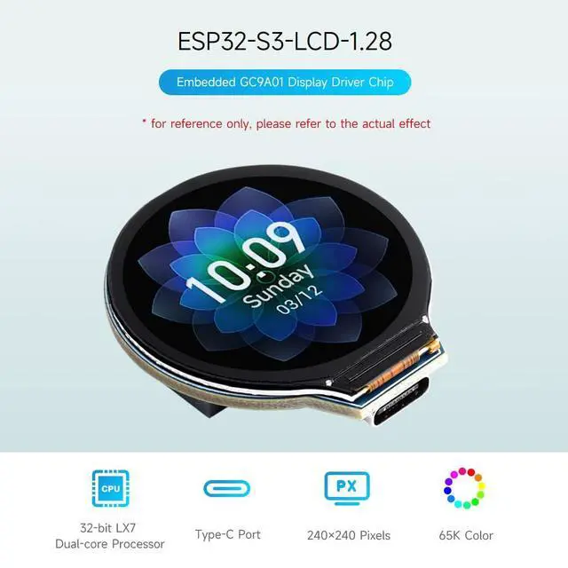 Alt view image 3 of 7 - ESP32-S3 Development Board, 32-Bit LX7 Dual-Core Processor, Integrates GC9A01 Display Driver Chip, with 1.28inch IPS Round LCD, 240×240 Resolution, Supports WiFi/Bluetooth