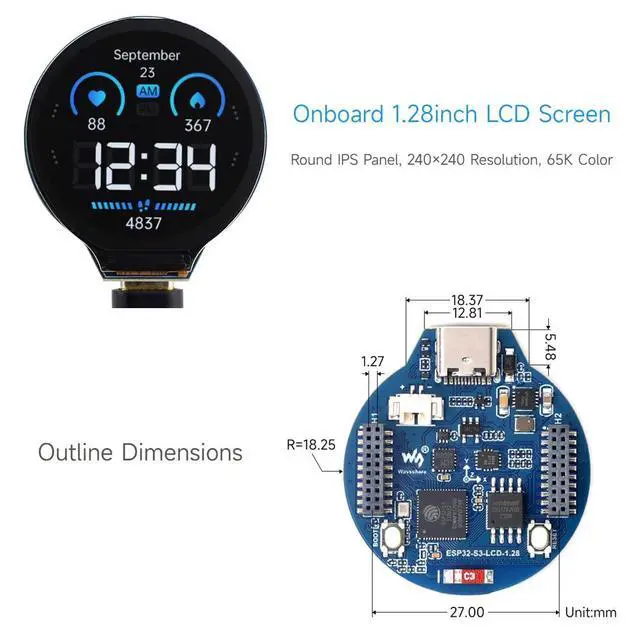 Alt view image 5 of 7 - ESP32-S3 Development Board, 32-Bit LX7 Dual-Core Processor, Integrates GC9A01 Display Driver Chip, with 1.28inch IPS Round LCD, 240×240 Resolution, Supports WiFi/Bluetooth