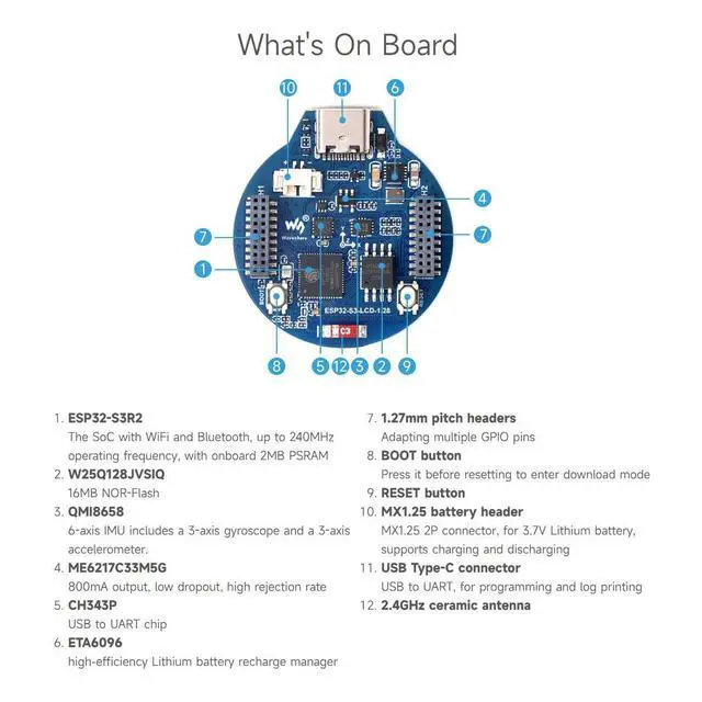 Alt view image 7 of 7 - ESP32-S3 Development Board, 32-Bit LX7 Dual-Core Processor, Integrates GC9A01 Display Driver Chip, with 1.28inch IPS Round LCD, 240×240 Resolution, Supports WiFi/Bluetooth