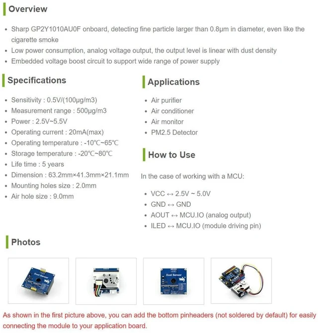 Alt view image 3 of 5 - Dust Sensor Detector Module with Sharp GP2Y1010AU0F Onboard for Measuring PM2.5