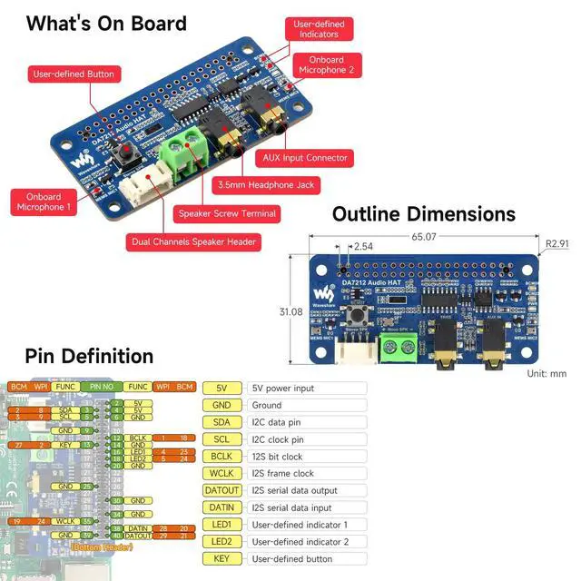 Alt view image 5 of 5 - DA7212 I2S Audio Board Compatible with Series Boards, Stereo Encoding/Decoding, Onboard Dual Microphones