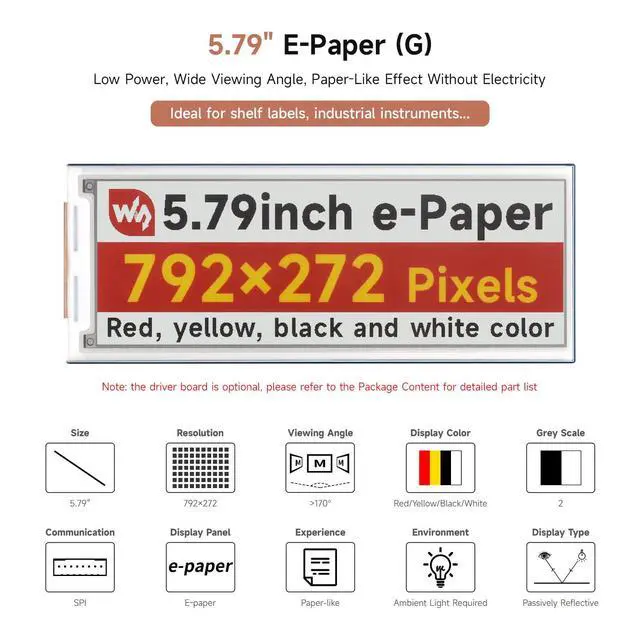 Alt view image 3 of 7 - 5.79inch E-Paper Display Module, Compatible with 5/4B/3B/Zero/Zero W/Zero 2W/Pico/Pico W/Pico WH, 792x272, E-Ink Display, Red/Yellow/Black/White, SPI Interface
