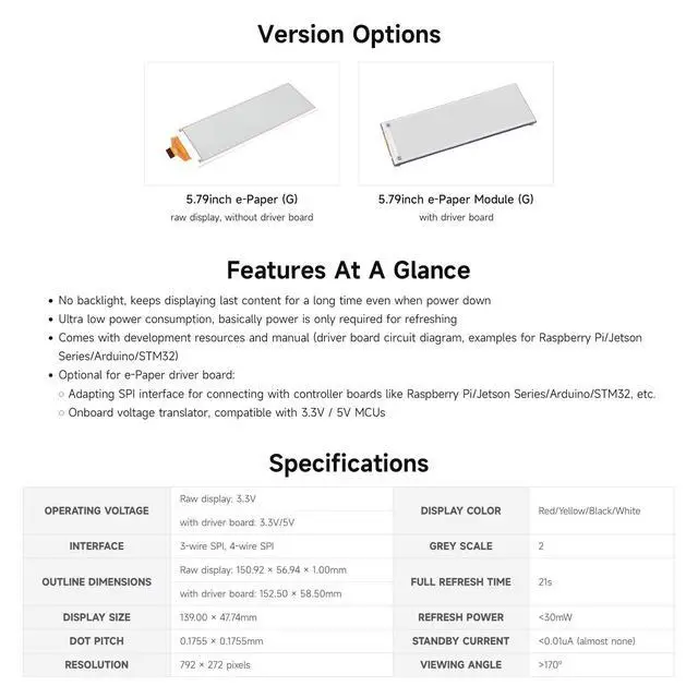 Alt view image 4 of 7 - 5.79inch E-Paper Display Module, Compatible with 5/4B/3B/Zero/Zero W/Zero 2W/Pico/Pico W/Pico WH, 792x272, E-Ink Display, Red/Yellow/Black/White, SPI Interface