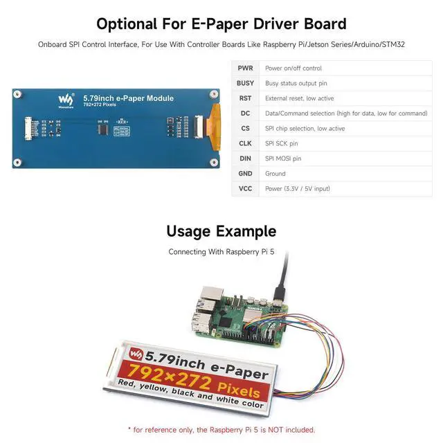 Alt view image 6 of 7 - 5.79inch E-Paper Display Module, Compatible with 5/4B/3B/Zero/Zero W/Zero 2W/Pico/Pico W/Pico WH, 792x272, E-Ink Display, Red/Yellow/Black/White, SPI Interface