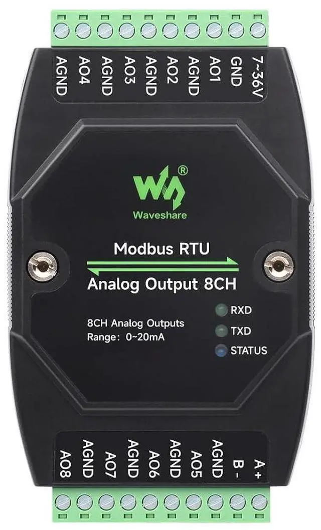 Main image of Industrial 8-Ch Analog Output Module, 12-Bit DA Conversion, Supports 8-Ch Simultaneous Current Output, DC 7~36V Wide Voltage Power Supply, Modbus RTU Protocol, Rail-Mount Support