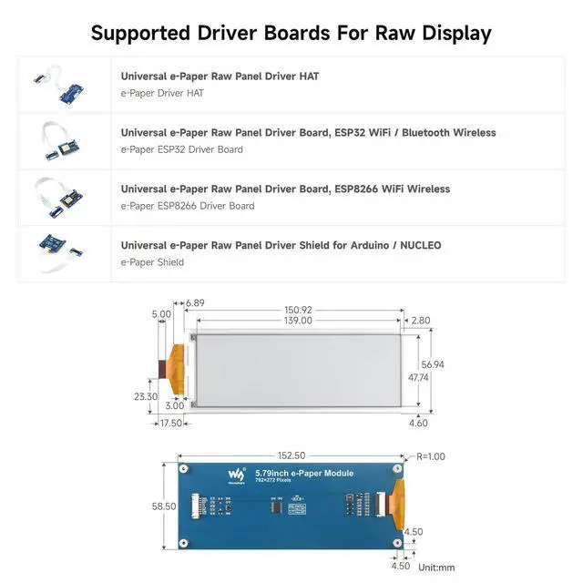 Alt view image 7 of 7 - 5.79inch E-Paper Display Module, Compatible with 5/4B/3B/Zero/Zero W/Zero 2W/Pico/Pico W/Pico WH, 792x272, E-Ink Display, Red/Yellow/Black/White, SPI Interface