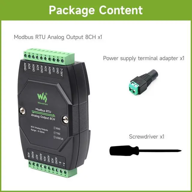 Alt view image 2 of 7 - Industrial 8-Ch Analog Output Module, 12-Bit DA Conversion, Supports 8-Ch Simultaneous Current Output, DC 7~36V Wide Voltage Power Supply, Modbus RTU Protocol, Rail-Mount Support
