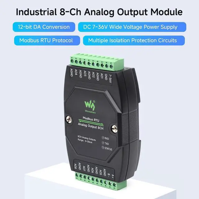 Alt view image 3 of 7 - Industrial 8-Ch Analog Output Module, 12-Bit DA Conversion, Supports 8-Ch Simultaneous Current Output, DC 7~36V Wide Voltage Power Supply, Modbus RTU Protocol, Rail-Mount Support