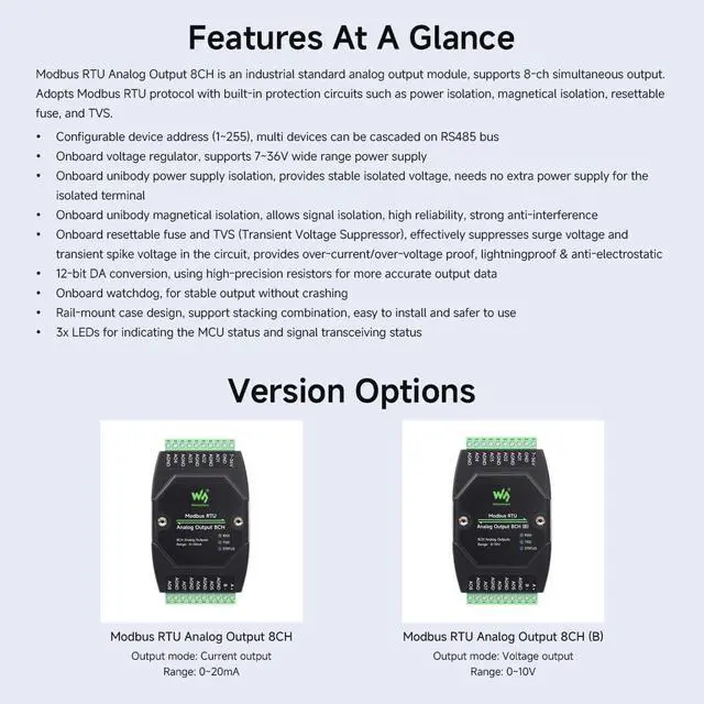 Alt view image 4 of 7 - Industrial 8-Ch Analog Output Module, 12-Bit DA Conversion, Supports 8-Ch Simultaneous Current Output, DC 7~36V Wide Voltage Power Supply, Modbus RTU Protocol, Rail-Mount Support