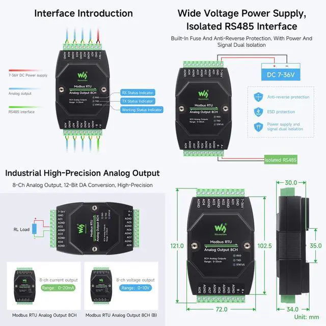 Alt view image 7 of 7 - Industrial 8-Ch Analog Output Module, 12-Bit DA Conversion, Supports 8-Ch Simultaneous Current Output, DC 7~36V Wide Voltage Power Supply, Modbus RTU Protocol, Rail-Mount Support
