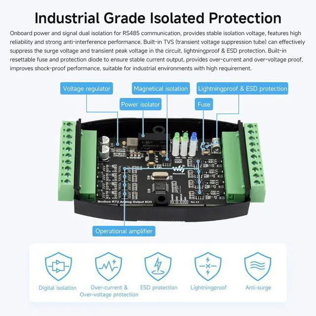 Alt view image 6 of 7 - Industrial 8-Ch Analog Output Module, 12-Bit DA Conversion, Supports 8-Ch Simultaneous Current Output, DC 7~36V Wide Voltage Power Supply, Modbus RTU Protocol, Rail-Mount Support