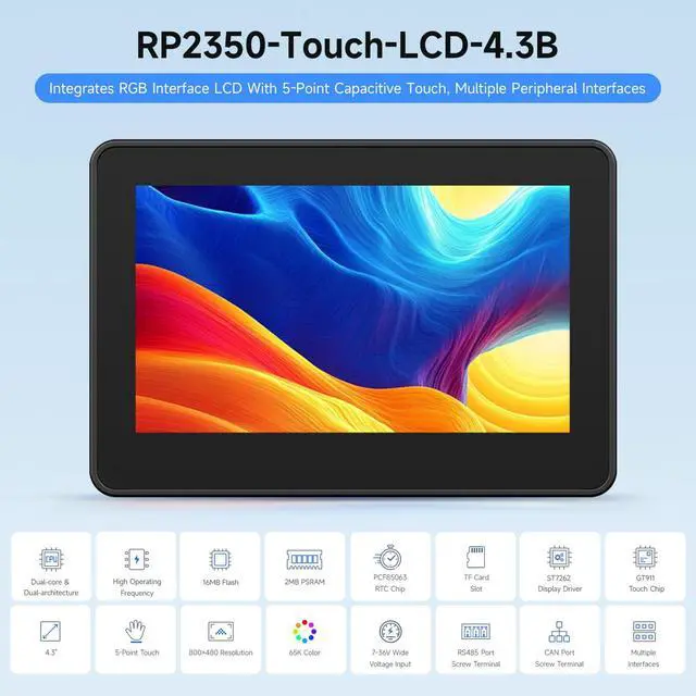 Alt view image 3 of 7 - RP2350 4.3inch capacitive Touch Display Development Board, 800 × 480, 65K Color, Supports Dual-core and Dual-Architecture, with Protective Case