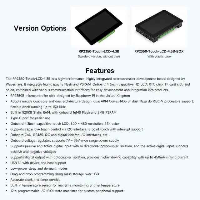 Alt view image 4 of 7 - RP2350 4.3inch capacitive Touch Display Development Board, 800 × 480, 65K Color, Supports Dual-core and Dual-Architecture, with Protective Case