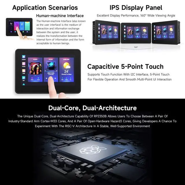 Alt view image 5 of 7 - RP2350 4.3inch capacitive Touch Display Development Board, 800 × 480, 65K Color, Supports Dual-core and Dual-Architecture, with Protective Case