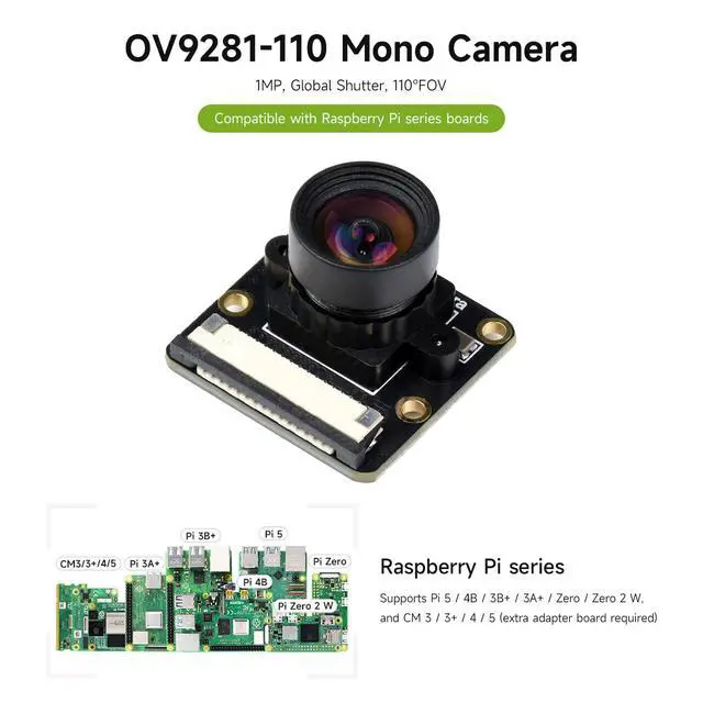 Alt view image 3 of 5 - OV9281-110 Mono Camera Compatible with Supports 4B /3B+ /3A+ /Zero/Zero 2 W and CM3/3+/4 Global Shutter 1MP