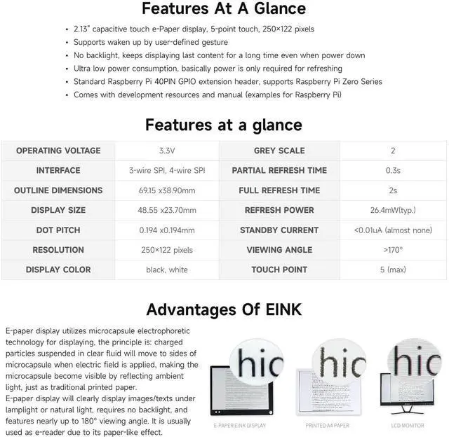 Alt view image 4 of 7 - 2.13inch Touch E-Paper E-Ink Display HAT Compatible with Zero/Zero W 250×122 Pixels with ABS Protection Case Supports Partial Refresh
