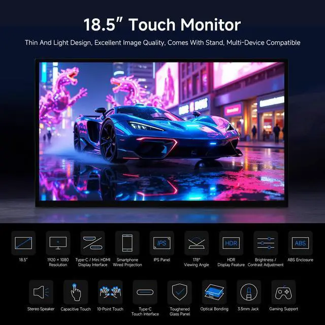 Alt view image 3 of 7 - Luckfox 18.5inch Touch Monitor with Stand, Compatible with /Jetson Nano and PC, 1920 × 1080, 120Hz Refresh Rate, Mini HDMI/Type-C Display Ports, IPS Screen, 10-Point Touch