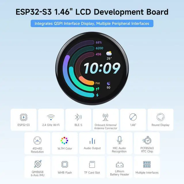 Alt view image 3 of 7 - ESP32-S3 1.46inch Round Display Development Board, 412×412, Supports Wi-Fi & BLT, Accelerometer and Gyroscope Sensor, Onboard Speaker and Microphone, Without Protective Cover Glass