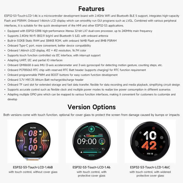 Alt view image 4 of 7 - ESP32-S3 1.46inch Round Display Development Board, 412×412, Supports Wi-Fi & BLT, Accelerometer and Gyroscope Sensor, Onboard Speaker and Microphone, Without Protective Cover Glass