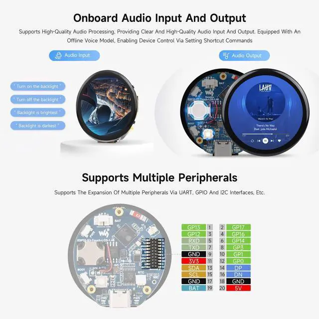 Alt view image 6 of 7 - ESP32-S3 1.46inch Round Display Development Board, 412×412, Supports Wi-Fi & BLT, Accelerometer and Gyroscope Sensor, Onboard Speaker and Microphone, Without Protective Cover Glass