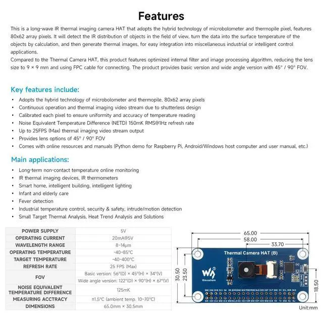 Alt view image 4 of 5 - Long-Wave IR Thermal Imaging Camera HAT (B), Compatible with 5/4B/3B/Zero/Zero W/Zero 2W/Pico/Pico W/Pico WH, 90° FOV IR Camera, 80×62 Pixels, Standard 40PIN GPIO Header