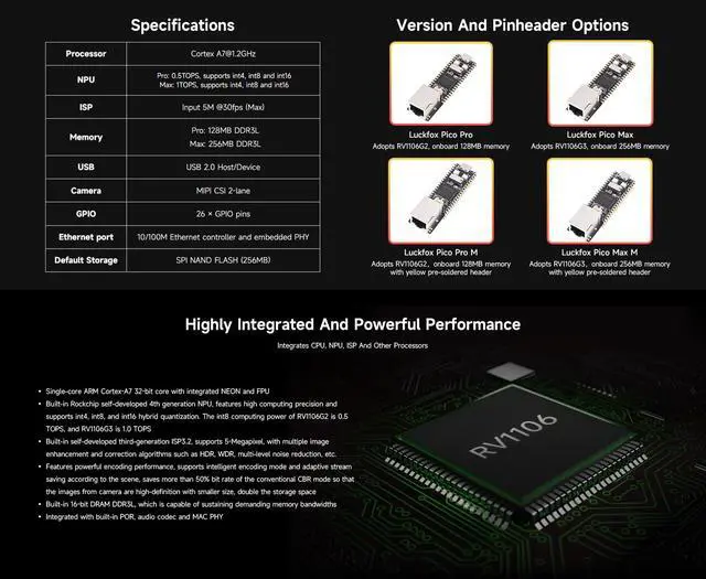 Alt view image 4 of 6 - Luckfox Pico Max RV1106 Linux Micro Development Board, Integrates ARM Cortex-A7/RISC-V MCU/NPU/ISP Processors-256MB Memory