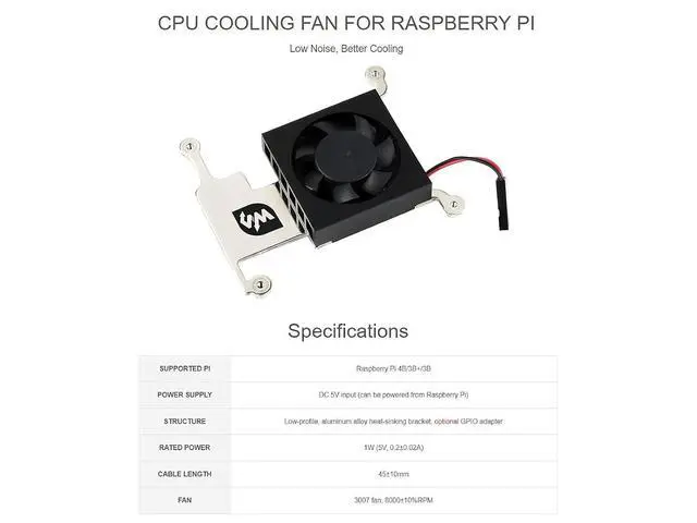 Alt view image 3 of 6 - Low-Profile CPU Cooling Fan for 4B/3B+/3B with Aluminum Alloy Bracket Include GPIO Adapter