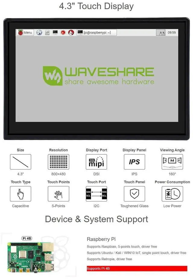 Alt view image 4 of 7 - 4.3inch Capacitive Touch Display Compatible with 4B Comes with Protection Case 800×480 Resolution IPS Wide Angle MIPI DSI Interface
