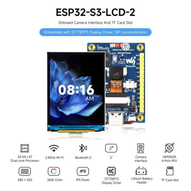 Alt view image 3 of 7 - 2inch ESP32-S3 Display Development Board, 240x320, IPS, 262K Color, 32-Bit LX7 2-Core Processor, Up To 240MHz Frequency, Support WiFi&BT, Support OV5640 5MP Camera Module(NOT Included)