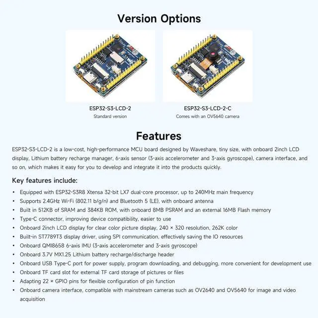 Alt view image 4 of 7 - 2inch ESP32-S3 Display Development Board, 240x320, IPS, 262K Color, 32-Bit LX7 2-Core Processor, Up To 240MHz Frequency, Support WiFi&BT, Support OV5640 5MP Camera Module(NOT Included)