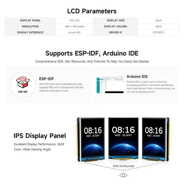 Alt view image 5 of 7 - 2inch ESP32-S3 Display Development Board, 240x320, IPS, 262K Color, 32-Bit LX7 2-Core Processor, Up To 240MHz Frequency, Support WiFi&BT, Support OV5640 5MP Camera Module(NOT Included)