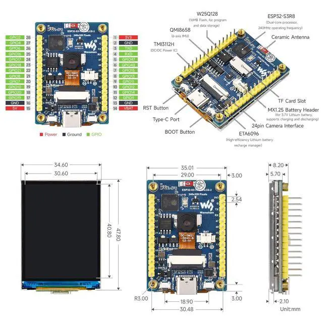Alt view image 7 of 7 - 2inch ESP32-S3 Display Development Board, 240x320, IPS, 262K Color, 32-Bit LX7 2-Core Processor, Up To 240MHz Frequency, Support WiFi&BT, Support OV5640 5MP Camera Module(NOT Included)