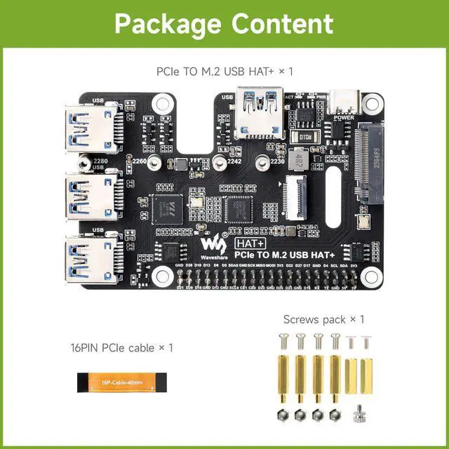 Alt view image 2 of 7 - PCIe to USB 3.2 Gen1 & M.2 HAT, Compatible with 5, Supports NVMe Protocol Solid State Drive, Expands 4-Ch USB 3.2 Ports, High-Speed Reading/Writing, HAT+ Standard