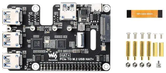Main image of PCIe to USB 3.2 Gen1 & M.2 HAT, Compatible with 5, Supports NVMe Protocol Solid State Drive, Expands 4-Ch USB 3.2 Ports, High-Speed Reading/Writing, HAT+ Standard