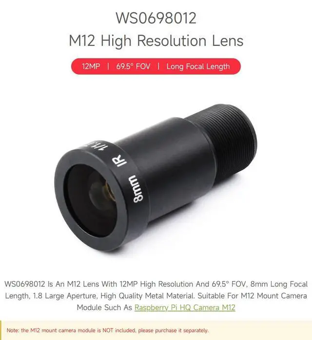 Alt view image 3 of 6 - M12 High Resolution Lens, 12MP, 69.5° FOV, 8mm Focal Length, Compatible with Camera M12