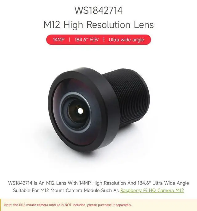 Alt view image 3 of 6 - M12 High Resolution Lens, 14MP, 184.6° Ultra Wide Angle, 2.72mm Focal Length, Compatible with Camera M12