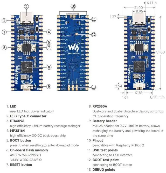 Alt view image 7 of 7 - RP2350-Plus Development Board, A Low-Cost, High-Performance Pico-Like MCU Board Based On RP2350A Dual-core & Dual-Architecture Microcontroller, 16MB