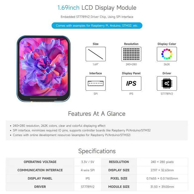 Alt view image 3 of 7 - 1.69inch LCD Display Module, Compatible with Arduino//Pi Zero/ESP32, 240×280 Resolution, SPI Interface, IPS, 262K Colors