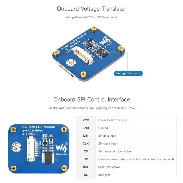 Alt view image 4 of 7 - 1.69inch LCD Display Module, Compatible with Arduino//Pi Zero/ESP32, 240×280 Resolution, SPI Interface, IPS, 262K Colors