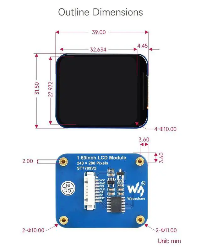 Alt view image 7 of 7 - 1.69inch LCD Display Module, Compatible with Arduino//Pi Zero/ESP32, 240×280 Resolution, SPI Interface, IPS, 262K Colors