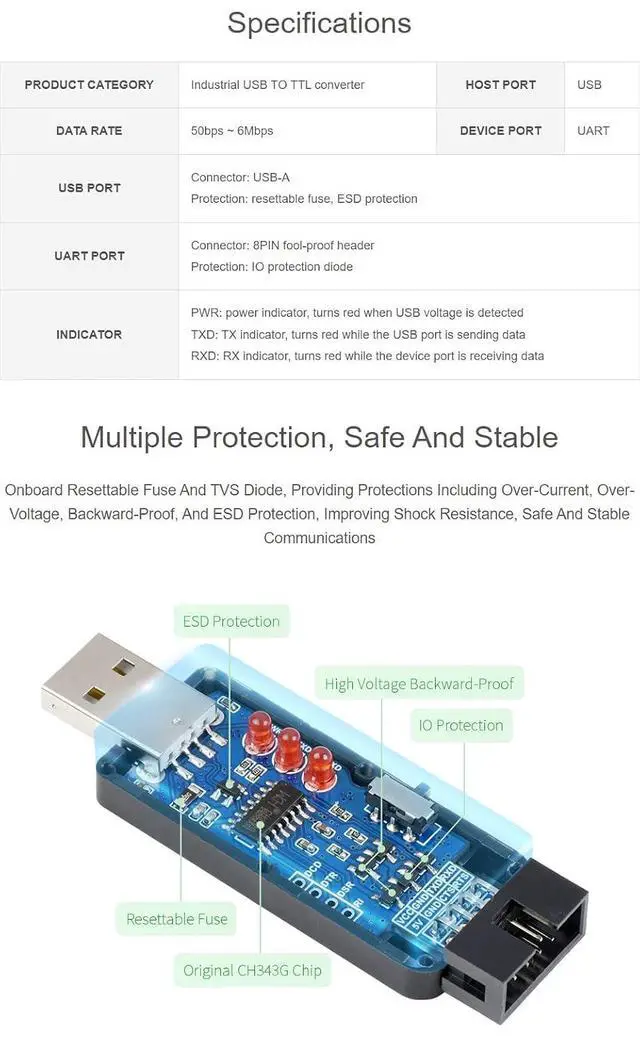 Alt view image 4 of 7 - Industrial USB to TTL Converter Original CH343G Onboard with Multi Protection Circuits Multi Systems Support