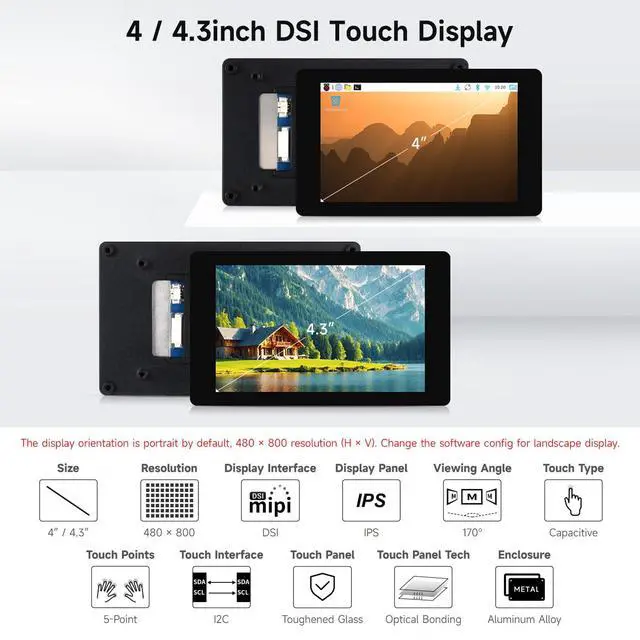 Alt view image 3 of 7 - 4inch DSI Capacitive Touch Display, Compatible with RPi 3A+/3B+/4B/5 480 × 800, IPS Display Panel, 5-Point Touch, Optical Bonding Toughened Glass Panel