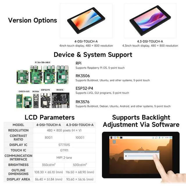 Alt view image 4 of 7 - 4inch DSI Capacitive Touch Display, Compatible with RPi 3A+/3B+/4B/5 480 × 800, IPS Display Panel, 5-Point Touch, Optical Bonding Toughened Glass Panel