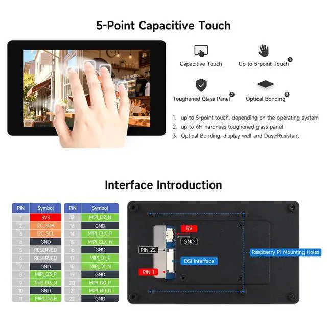 Alt view image 7 of 7 - 4inch DSI Capacitive Touch Display, Compatible with RPi 3A+/3B+/4B/5 480 × 800, IPS Display Panel, 5-Point Touch, Optical Bonding Toughened Glass Panel