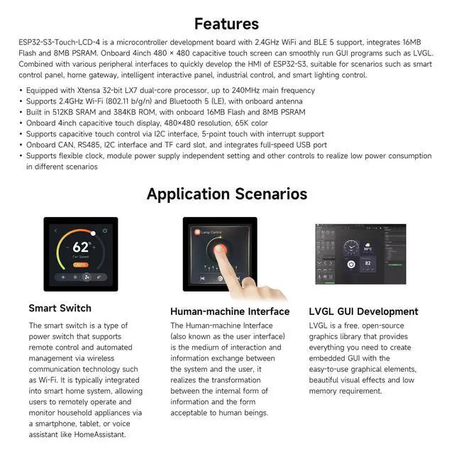 Alt view image 4 of 7 - ESP32-S3 4inchCapacitive Touch Display, V2 Update Version, 480x480, 5-Point Touch, 32-Bit LX7 Dual-Core, 240MHz, WiFi & Bluetooth, Onboard Antenna