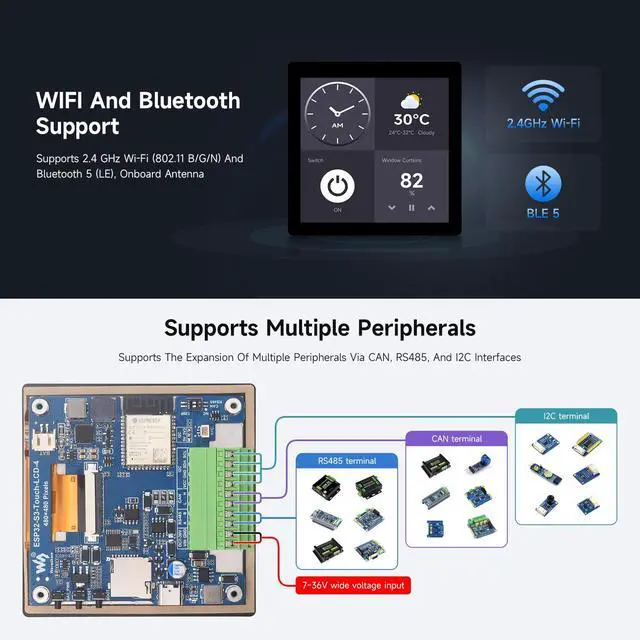 Alt view image 6 of 7 - ESP32-S3 4inchCapacitive Touch Display, V2 Update Version, 480x480, 5-Point Touch, 32-Bit LX7 Dual-Core, 240MHz, WiFi & Bluetooth, Onboard Antenna