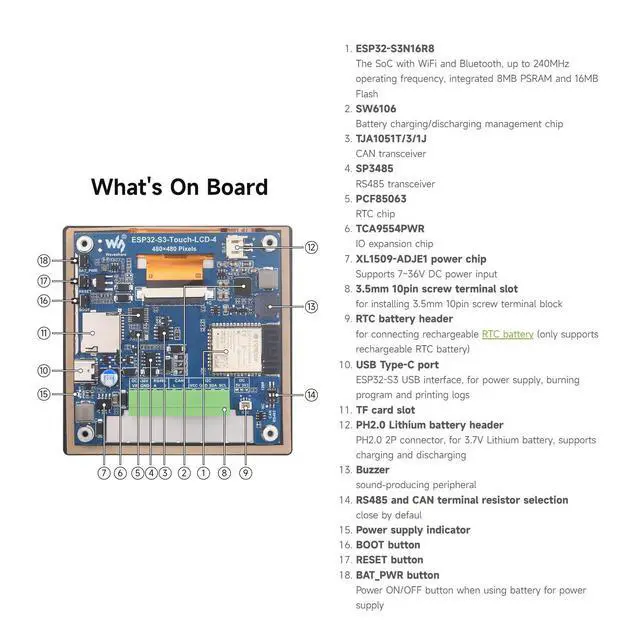 Alt view image 7 of 7 - ESP32-S3 4inchCapacitive Touch Display, V2 Update Version, 480x480, 5-Point Touch, 32-Bit LX7 Dual-Core, 240MHz, WiFi & Bluetooth, Onboard Antenna