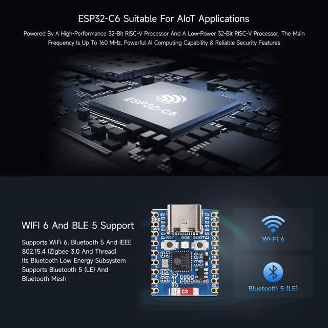 Alt view image 5 of 7 - 3PCS ESP32-C6 Mini Development Board, Based On ESP32-C6FH4, Dual Processors, 160MHz Running Frequency, 2.4GHz wi-fi 6 & BLE 5, ESP32 Development Board, with Pre-soldered Header