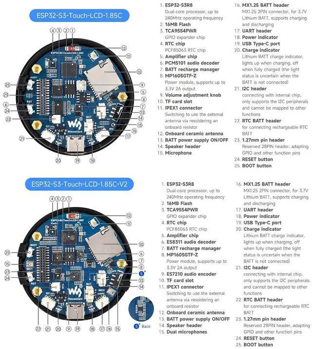 Alt view image 7 of 7 - ESP32-S3 1.85inch Round LCD Development Board, 360×360, Supports Wi-Fi & Bluetooth BLE 5, AI Speech, Smart Speaker Box, ESP32 with Display, with Speaker Box, with BAT